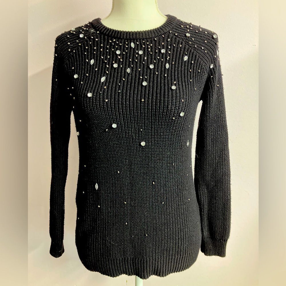 INC International Concepts Women’s Pullover Sweater, XS, Black/Rhinestones